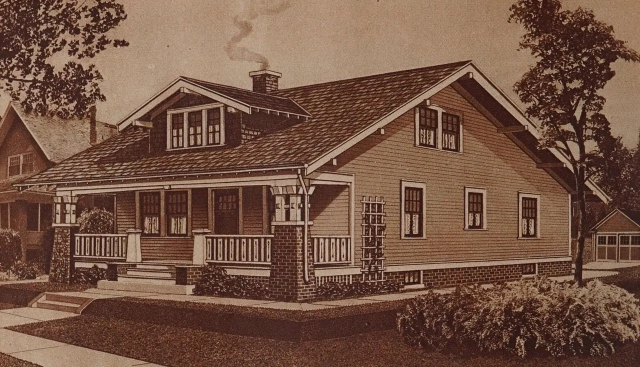 Catalog drawing of the Vallonia, a bungalow with a wide front porch, masonry porch piers and a shingled dormer
